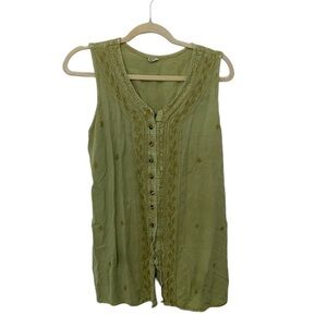Y2K Boho Embroidered Green Button Down Tunic Tank Top